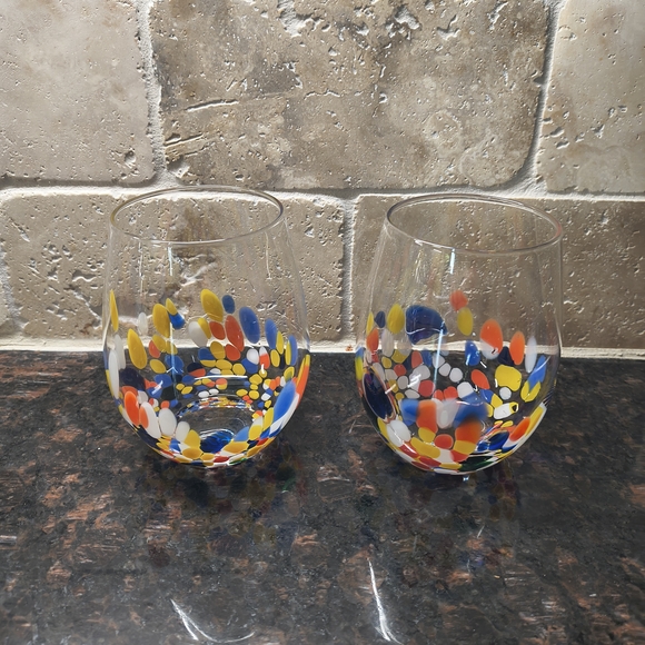 2 Pier 1 Confetti Kaleidoscope Stemless Wine Glasses Hand Blown 4 3/4" Tall - Picture 1 of 2
